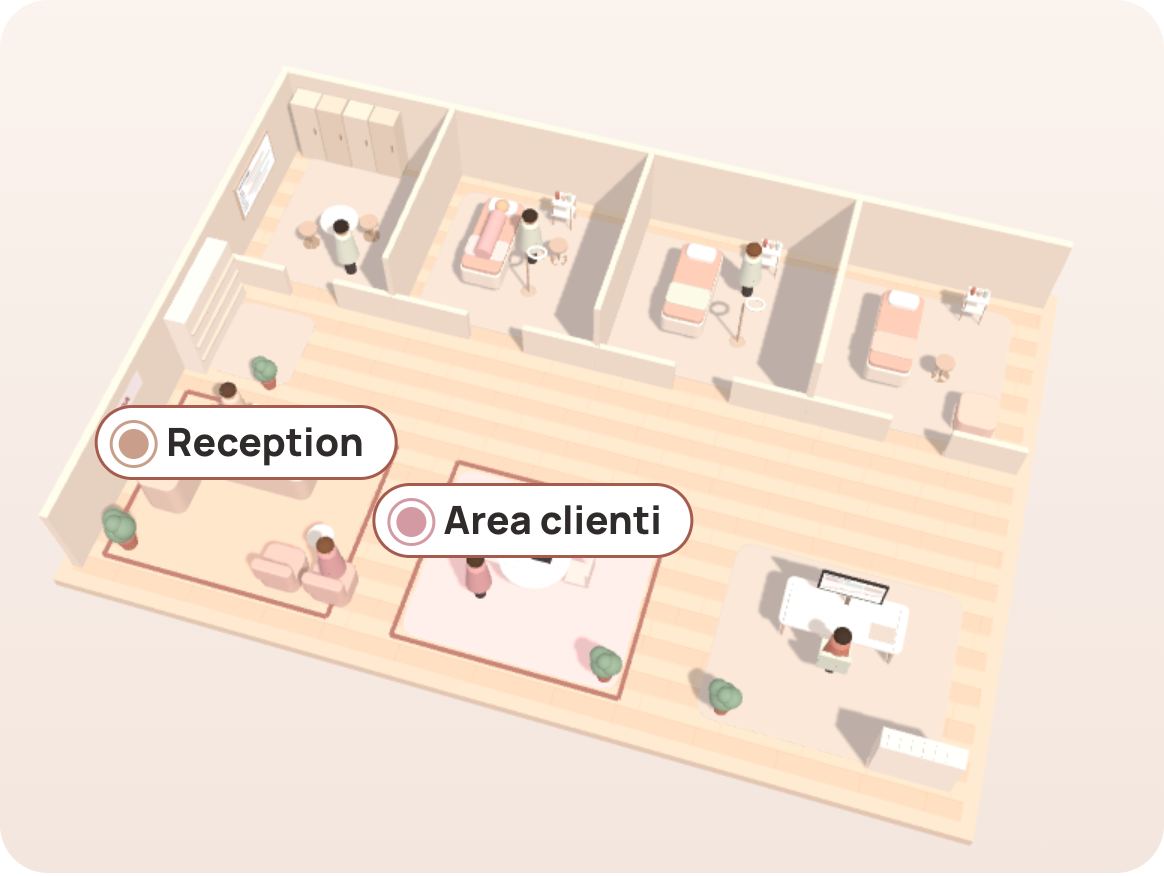 Il centro estetico in 3D con solo alcuni ambienti illuminati: reception e area clienti